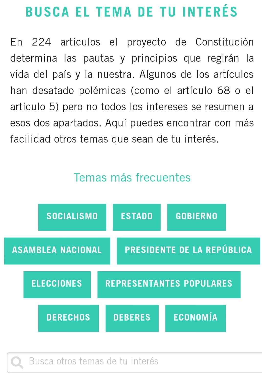En el trabajo realizado por el equipo de elTOQUE pueden encontrarse los temas tratados por en el proyecto, organizados por categorías