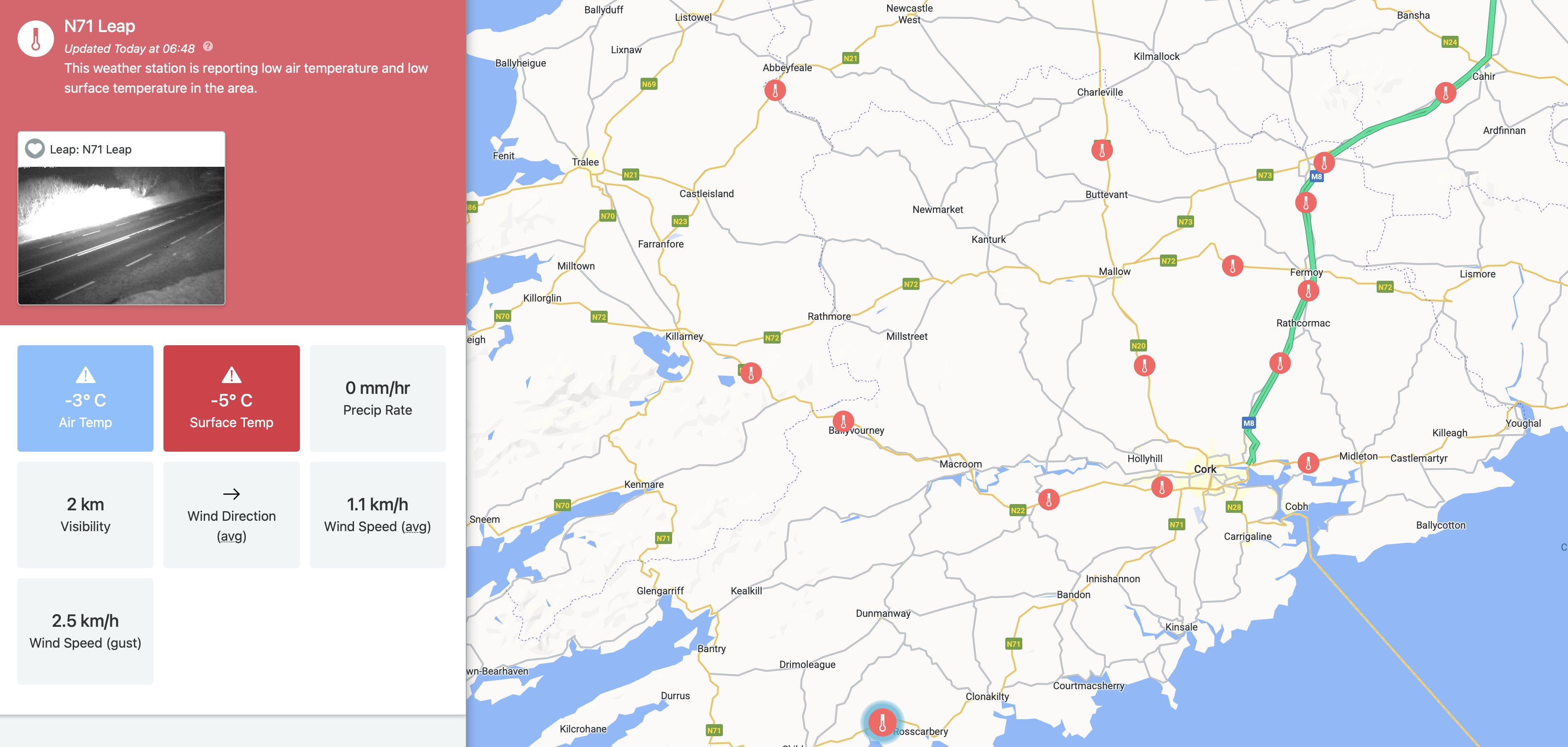 ⚠️ Very Low Road Surface Temperatures Across Cork