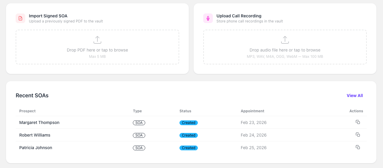 SOA Vault dashboard showing Import Signed SOA with PDF upload, Upload Call Recording with audio file upload, and Recent SOAs table with prospect names, status, and appointment dates