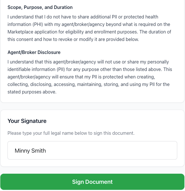 SOA Vault dashboard showing the Create New form interface used for generating ACA Consent for Assistance and Medicare Scope of Appointment forms
