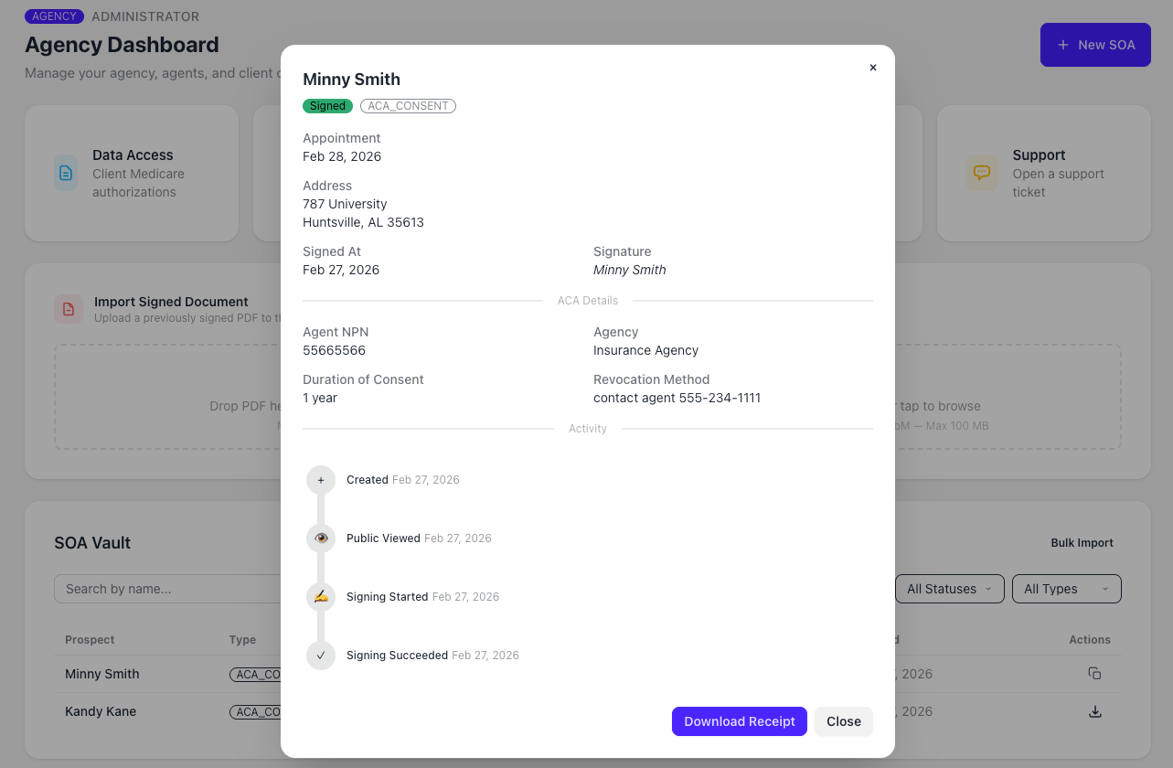 SOA Vault dashboard showing the form creation interface for generating ACA Consent for Assistance and Medicare Scope of Appointment forms