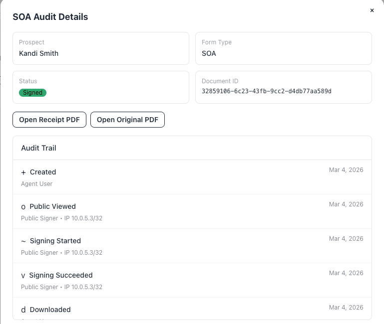SOA audit details screen showing Created, Public Viewed, Signing Started, and Signing Succeeded timeline events