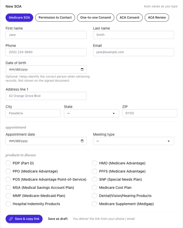 SOA Vault web form for creating a mobile-friendly Scope of Appointment signing workflow