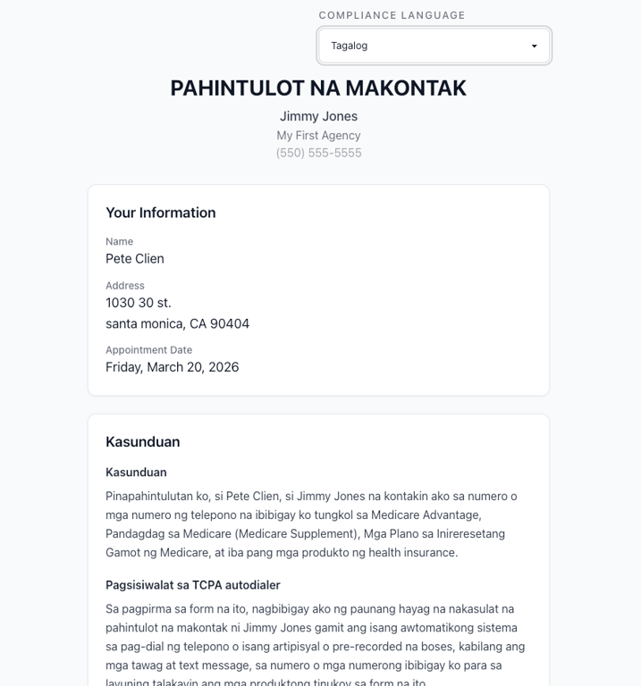 Mobile-friendly multilingual signing page showing form instructions in the signer's preferred language with large text and simple electronic signature