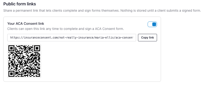 Agent dashboard instructions showing a personal ACA consent link, copy button, and corresponding QR code
