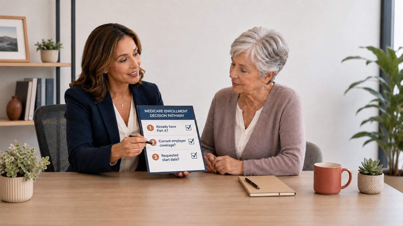 Medicare agent reviewing a Part A and Part B enrollment decision pathway with an older client