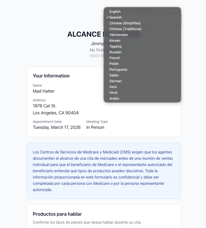 SOA Vault multilingual compliance form interface showing language selection for Medicare Scope of Appointment and ACA consent forms