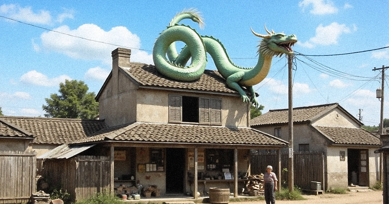 A dragon landing on a roof of a old town shop