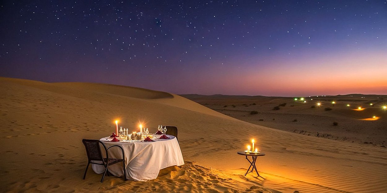 Valentine’s Day romantic desert dinner in Abu Dhabi with private dune setup, candles, and intimate dining experience