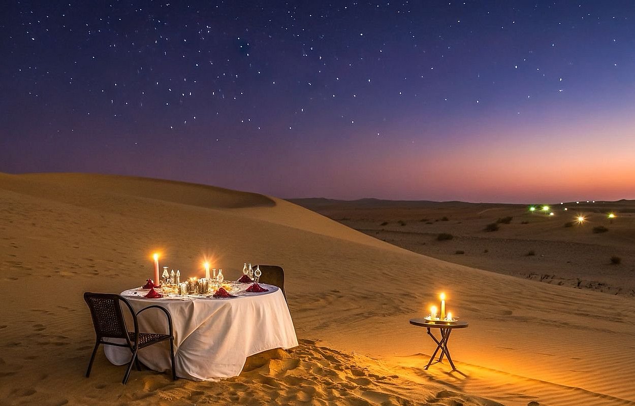 Valentine’s Day romantic desert dinner in Abu Dhabi with private dune setup, candles, and intimate dining experience