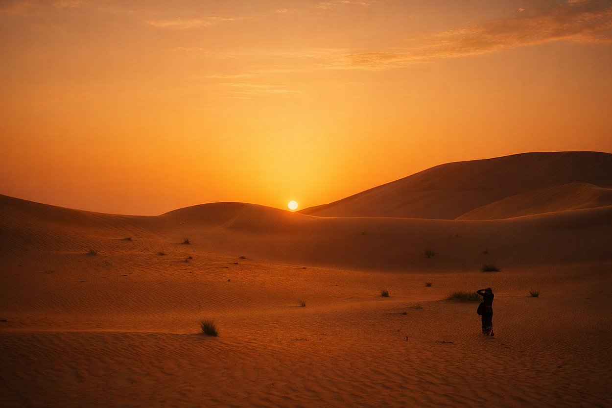 Traveler discovering the Al Quaa desert landscape during a sunset tour in Abu Dhabi