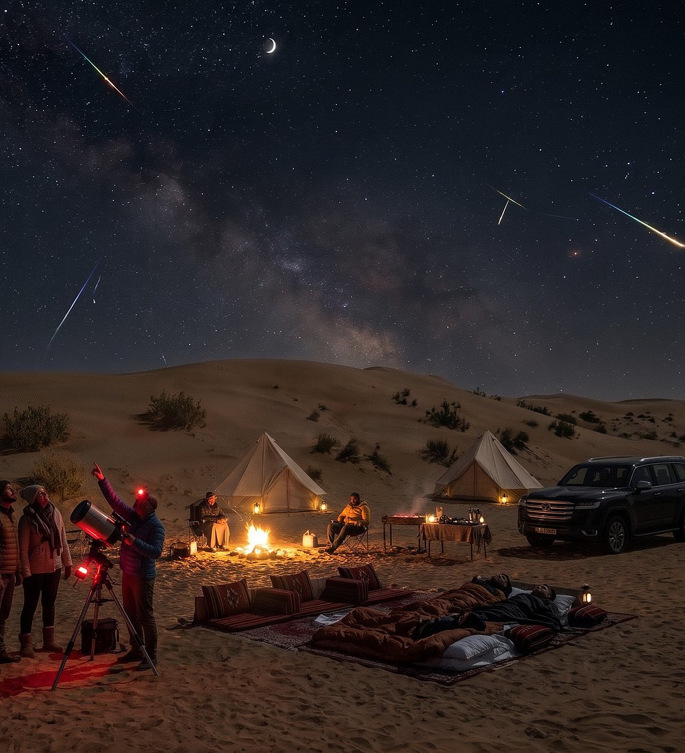 Geminids meteor shower streaking across the night sky over the Al Quaa desert dunes in Abu Dhabi