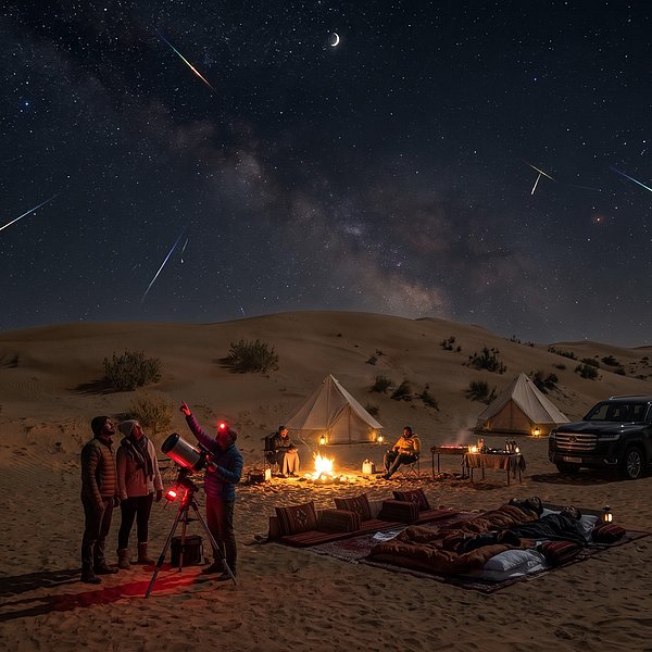 Geminids meteor shower streaking across the night sky over the Al Quaa desert dunes in Abu Dhabi