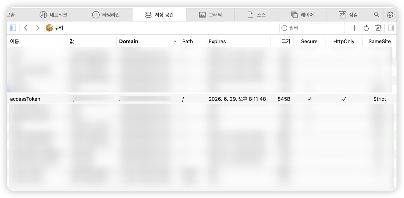 access token cookie 설정 화면