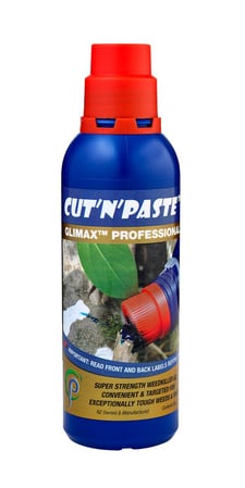 A blue plastic weed gel bottle with red cap and gold label