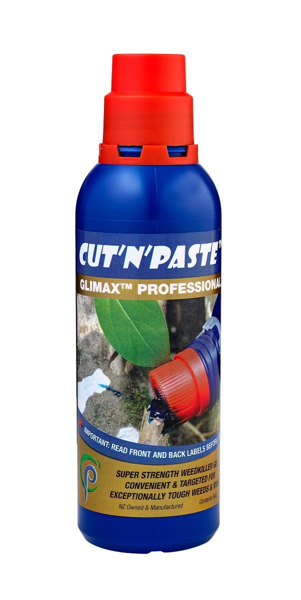 A blue plastic weed gel bottle with red cap and gold label