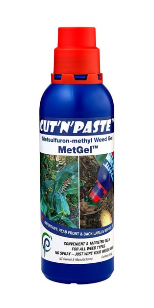 A blue plastic weedgel bottle with red cap