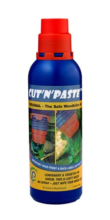 A blue plastic weedgel bottle with red cap and yellow label