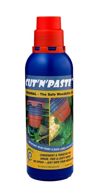 A blue plastic weedgel bottle with red cap and yellow label