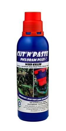 A blue plastic weedgel bottle with red cap and white label with blue text