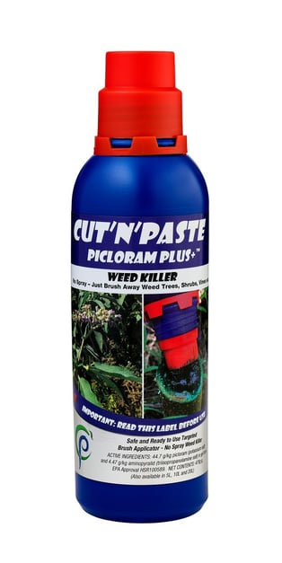 A blue plastic weedgel bottle with red cap and white label with blue text