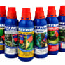 A group of 6 blue plastic weedgel bottles all with red caps