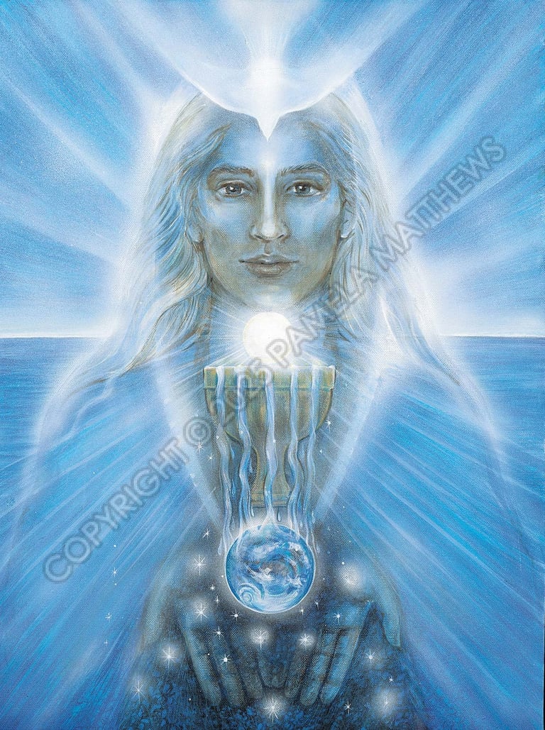 Ace of Cups in Tarot deck. Enlightened blue radiates from the throat chakra as the solar logos rises from the Grail. Divine impulse for emotions, love and beauty.