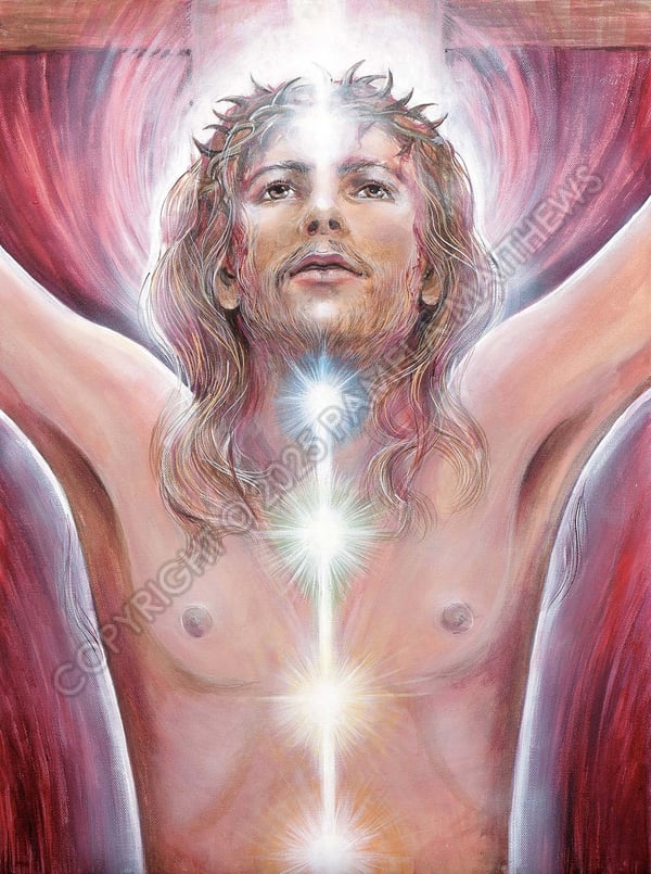 The Christ Ten of Swords in the Tarot. His face, exhausted but triumphant, is in spiritual ecstasy as he transcends to another plane; passion spent and mission fulfilled.