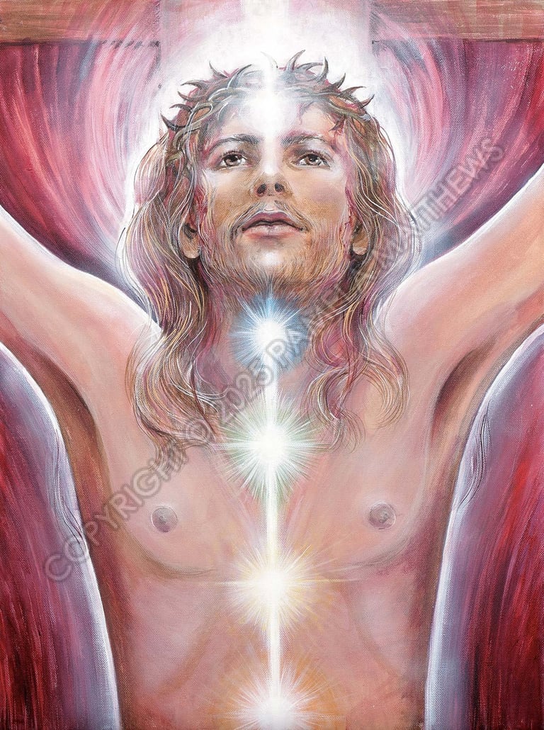 The Christ Ten of Swords in the Tarot. His face, exhausted but triumphant, is in spiritual ecstasy as he transcends to another plane; passion spent and mission fulfilled.