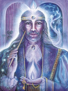 Nine of Swords in the Tarot; stands at a doorway for which he has a key, opening a bridge between worlds; door handle decorated with the theatrical masks of tragedy/comedy.