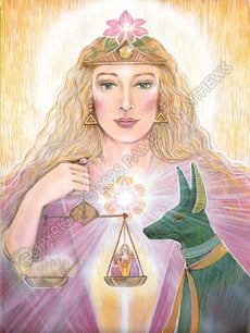 Six of Swords in the Tarot. As does the Egyptian goddess Maat, Lady Portia weighs (judges) a miniature of herself on the scales against the lightness of a feather.
