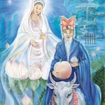Five of Swords in the Tarot. Sitting on a pale pink lotus distributing pearls, Kwan Yin, the goddess of mercy and compassion