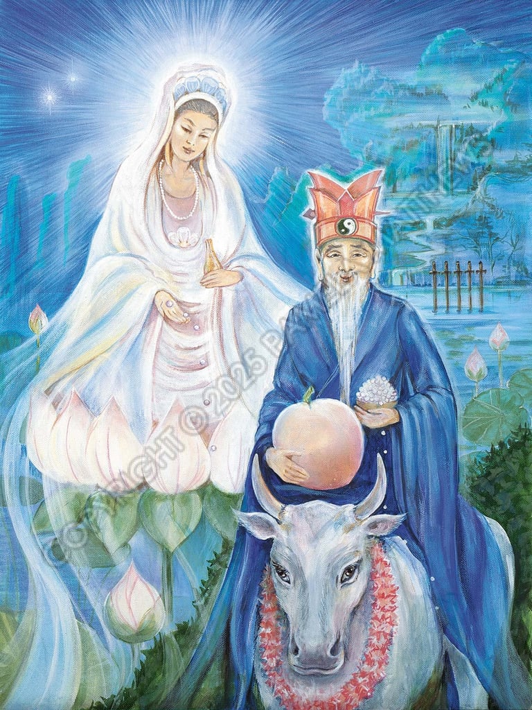 Five of Swords in the Tarot. Sitting on a pale pink lotus distributing pearls, Kwan Yin, the goddess of mercy and compassion