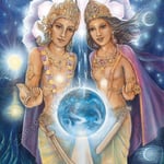 Four of Swords in the Tarot. They stand beyond the planet, guiding souls through the last leap into the dark to reach the light – a bridge between worlds. The sun, moon and galaxies swirl behind them