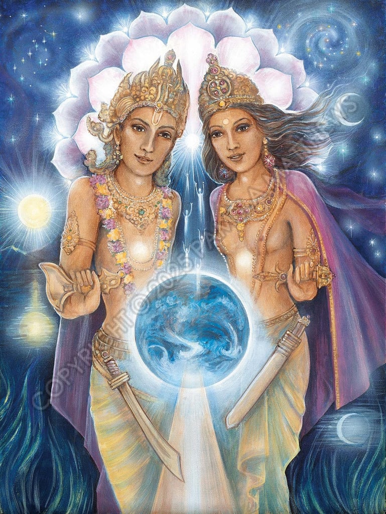 Four of Swords in the Tarot. They stand beyond the planet, guiding souls through the last leap into the dark to reach the light – a bridge between worlds. The sun, moon and galaxies swirl behind them