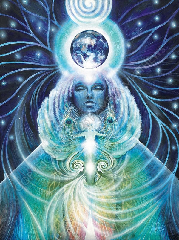 Head of the feminine pillar – the master of the yin principle. Opening from the Ananda Kanda centre, the turquoise angelic wings spread: linking all time, space, knowledge, lost cultures, beings and collective consciousness. Chakra colours light up through the body, communicating with colour and form.