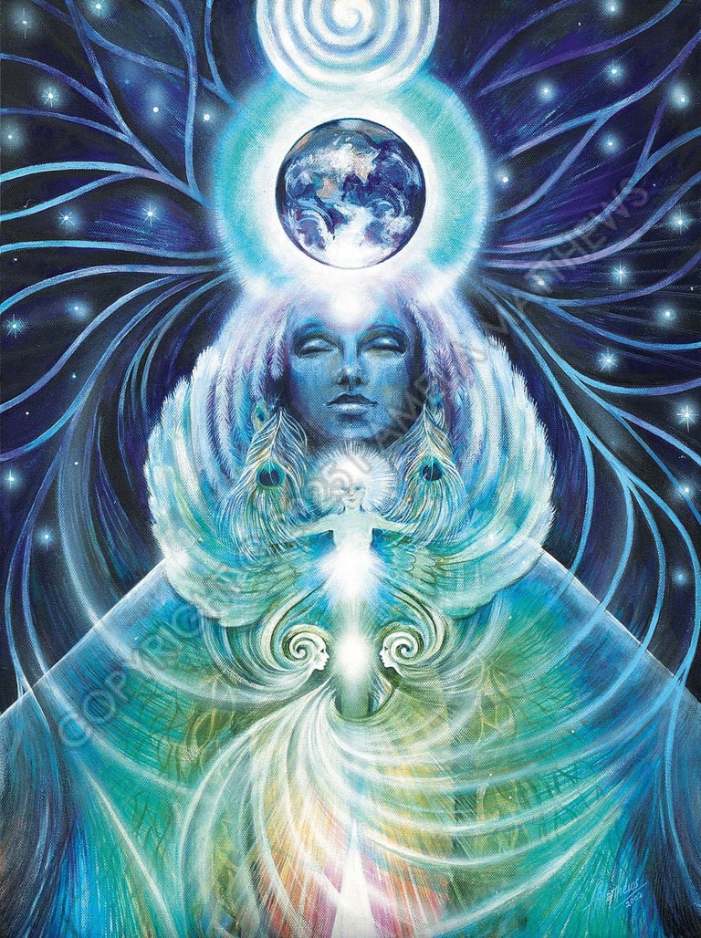 Head of the feminine pillar – the master of the yin principle. Opening from the Ananda Kanda centre, the turquoise angelic wings spread: linking all time, space, knowledge, lost cultures, beings and collective consciousness. Chakra colours light up through the body, communicating with colour and form.