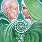Two of swords in the Tarot – the two green masters come together. Sweet cherry blossoms promise an answer to fulfil all our needs; the spiral leads us on our evolutionary path home