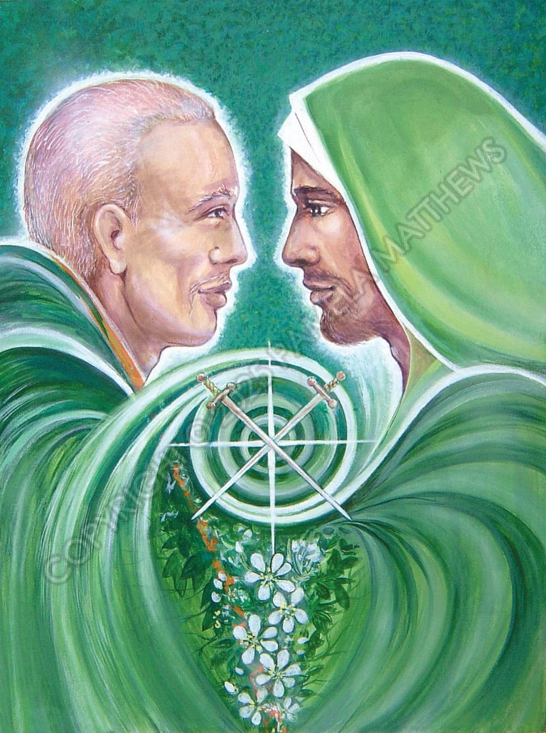 Two of swords in the Tarot – the two green masters come together. Sweet cherry blossoms promise an answer to fulfil all our needs; the spiral leads us on our evolutionary path home