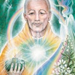 Ace of swords in the Tarot – aka the Tibetan, youngest of the masters, less experienced but the most ardent of seekers. One of the Brothers of the Golden Robe. An angel holds his Ace of Swords, symbol of enlightenment and initiation – her hair splits into the seven rays. A rainbow bridge between her and the other side encircles him
