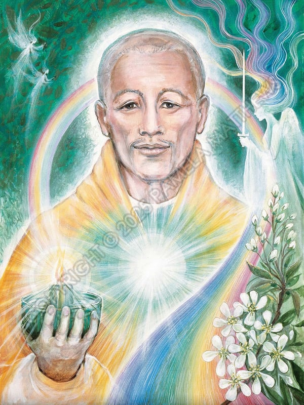 015 Dwal Khul Ace of swords in the Tarot – aka the Tibetan, youngest of the masters, less experienced but the most ardent of seekers. One of the Brothers of the Golden Robe. An angel holds his Ace of Swords, symbol of enlightenment and initiation – her hair splits into the seven rays. A rainbow bridge between her and the other side encircles him