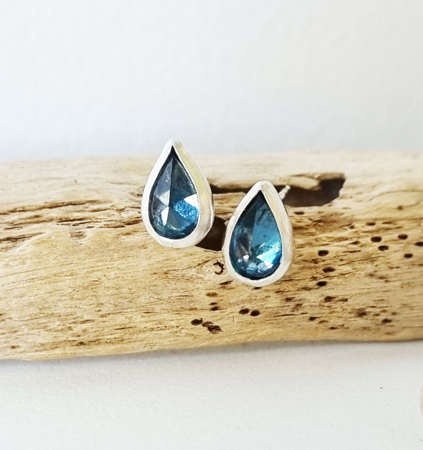 London Blue Topaz Earrings on driftwood