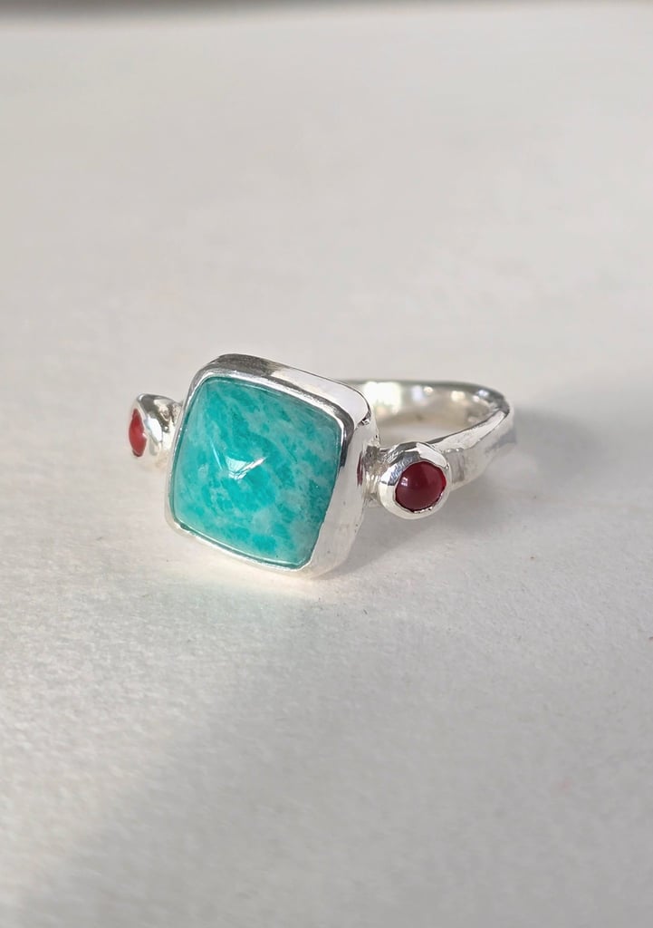 Amazonite and carnelian gemstone ring