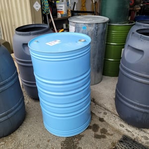 STEEL DRUM. 220 LITRE CLOSED TOP. NO LID. LIGHT BLUE. FOOD GRADE. AS NEW.