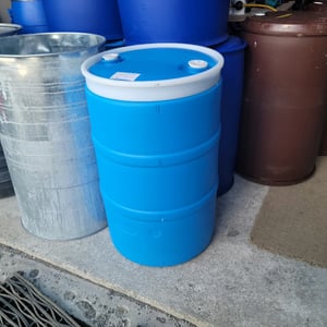 DRUM BARREL. CLOSED TOP. LIGHT BLUE WITH WHITE BAND 200 LITRE FOOD GRADE.* NO STOCK