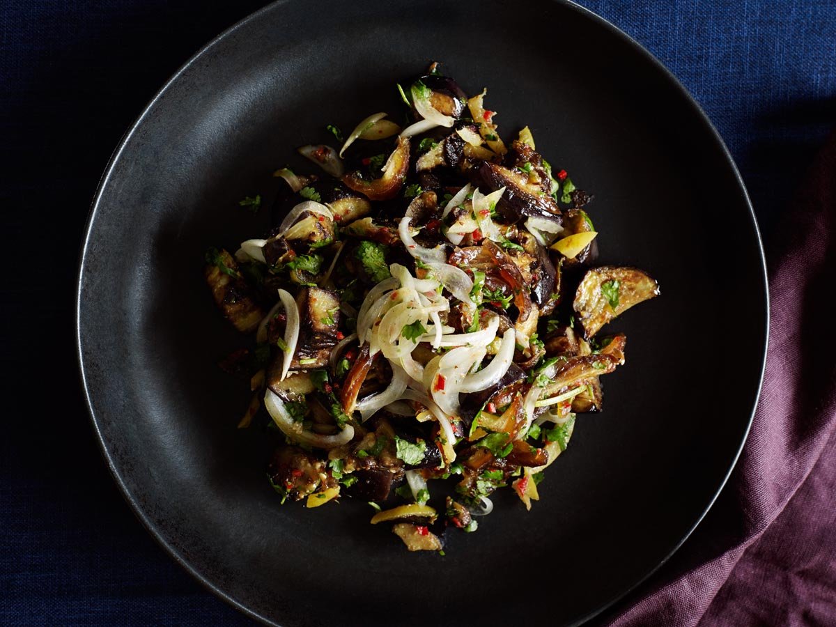 Eggplant & date salad on flat bread