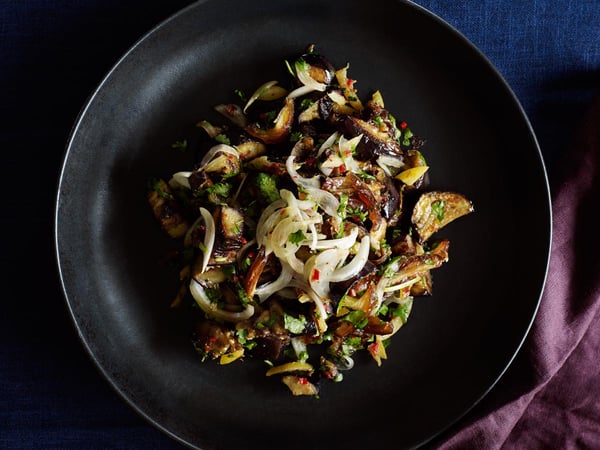 Eggplant & date salad on flat bread