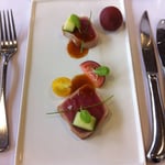 Yellowfin tuna with cucumber, heirloom tomatoes and ginger