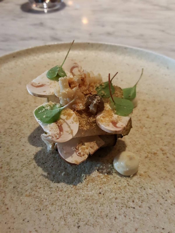 Celeriac, pear,fermented mushrooms & hazelnuts