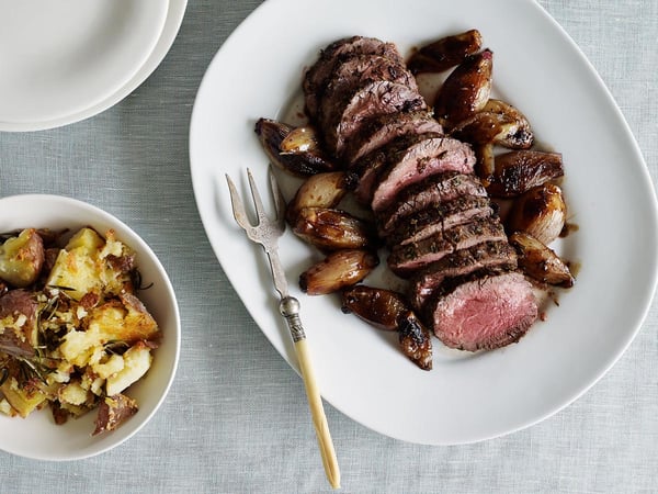 Roast fillet of beef with balsamic glazed shallots